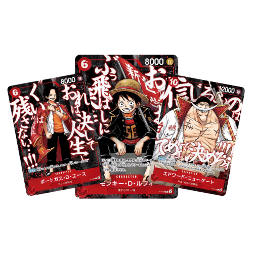 Tres cartas promo One Piece Saikyo Jump May 2026 de Luffy, Ace y Shirohige en edición japonesa